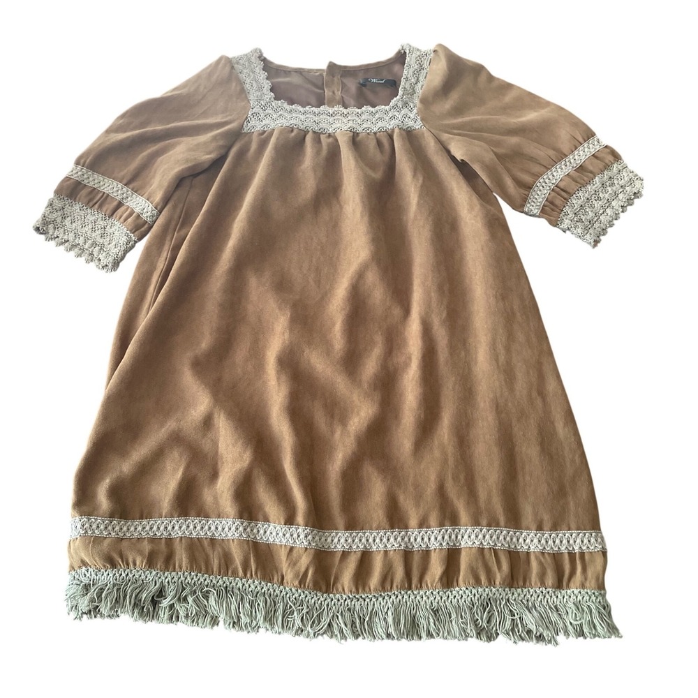 Wood Women Brown Faux Suede Boho Shift Dress Crochet Lace Fringe Trim Mini